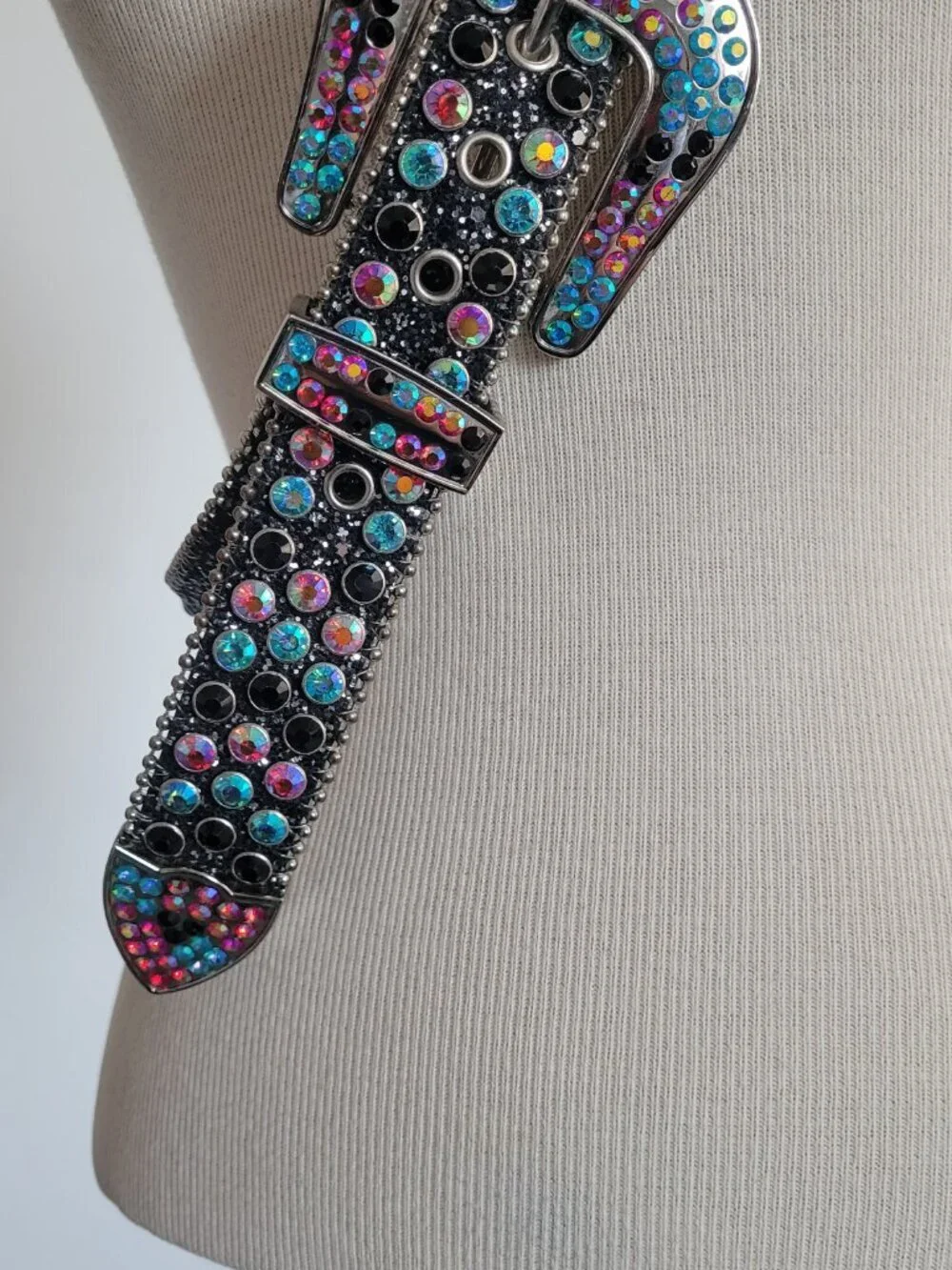 Multi Colored Skull Black Rhinestone Motorcycle Bling Leather Belt